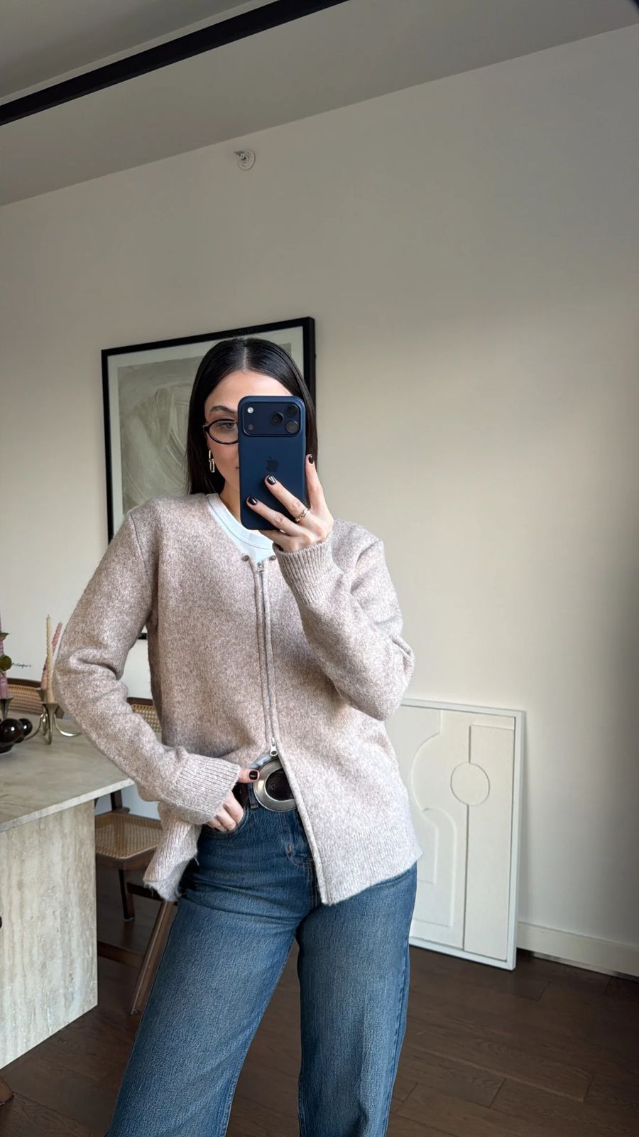 Beige Zip Up Sweater With Faux Fur Collar