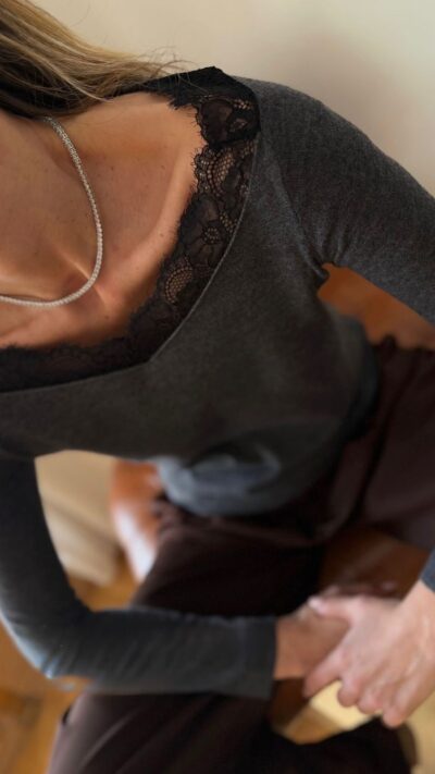 Dark Grey Lace Trim Long Sleeve Top